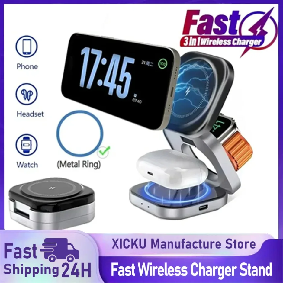 

3 In 1 Foldable Magnetic Wireless Charger Stand For iPhone 16 15 14 IWatch AirPods 3/2 Station Dock Fast Charging Holder