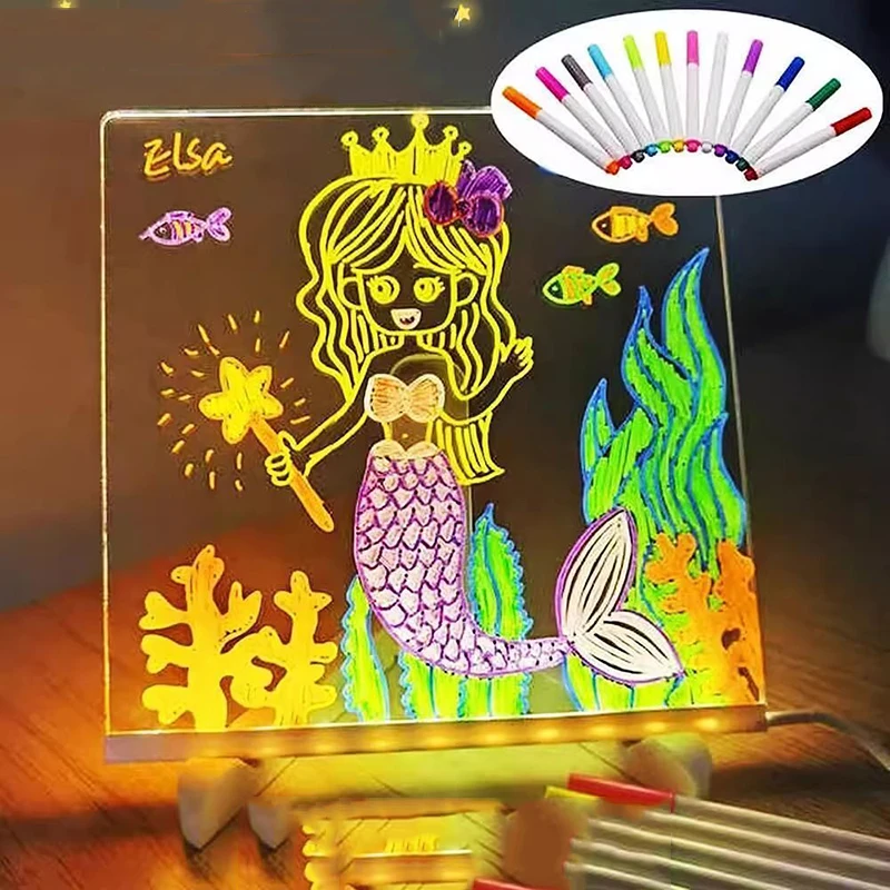 Transparentes, leuchtendes Zeichenbrett aus Acryl, leuchtendes, löschbares Memo-LED-Magic-Board, DIY-Spielzeug für Kinder, mit 7-Farben-Markierungsstift und Ständer – Detail 5