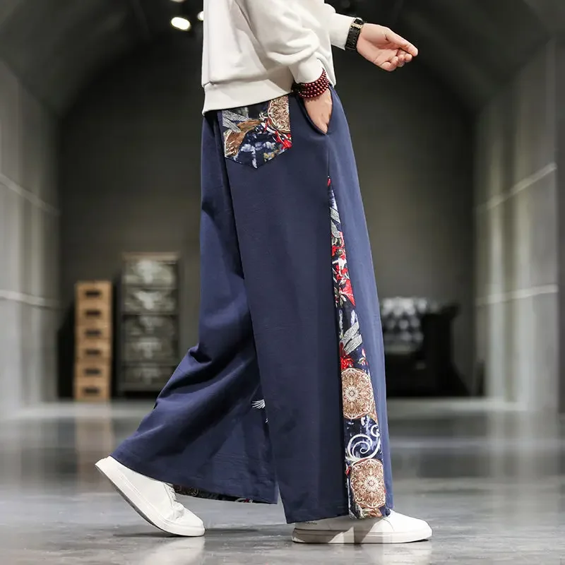 Casual Wide Leg Pants Chinese Traditional Tang Suit for Men Ethnic Style Cotton Linen Long Kung Fu Pants Tai Chi Plus Size 5XL