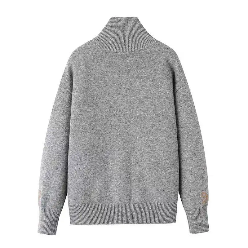 High-end Customized Cartoon Puppy Jacquard Knit Cardigan Women's Loose Crewneck Long Sleeve Grey Sweater Jacket