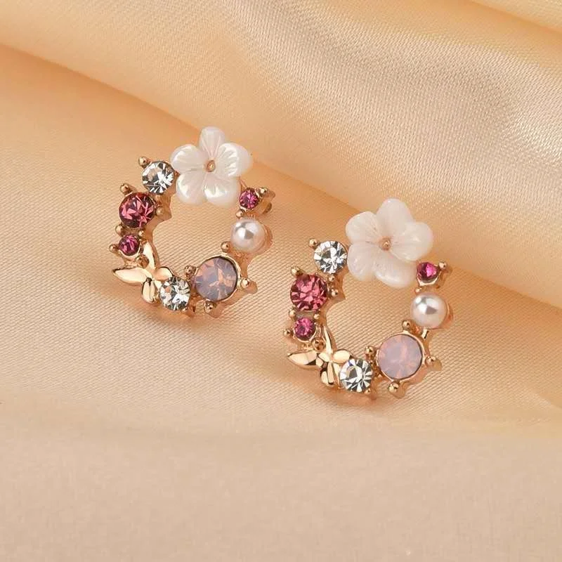 Sweet White Small Flower Stud Earrings for Women Pink Rhinestones Round Circle Earrings Hollow Geometry Retro Jewelry