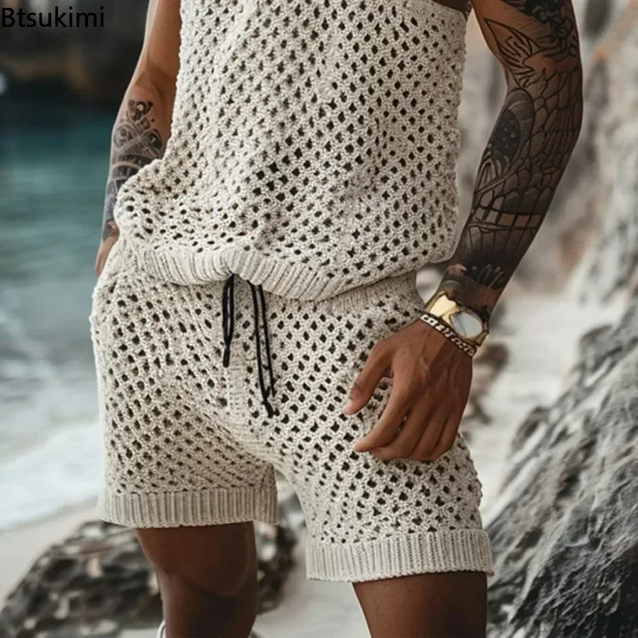 2025 Heren Zomer Casual Gebreide Tweedelige Sets Mode Effen Losse Tank Tops en Shorts Strand Sport Pak Mannen uitgehold Streetwear