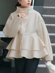 Elegant Women Single-Breasted Blazer Coat Quality Autumn Winter Thick Warm Jacket Coat Long Sleeve Overcoat with Ruffles Hem