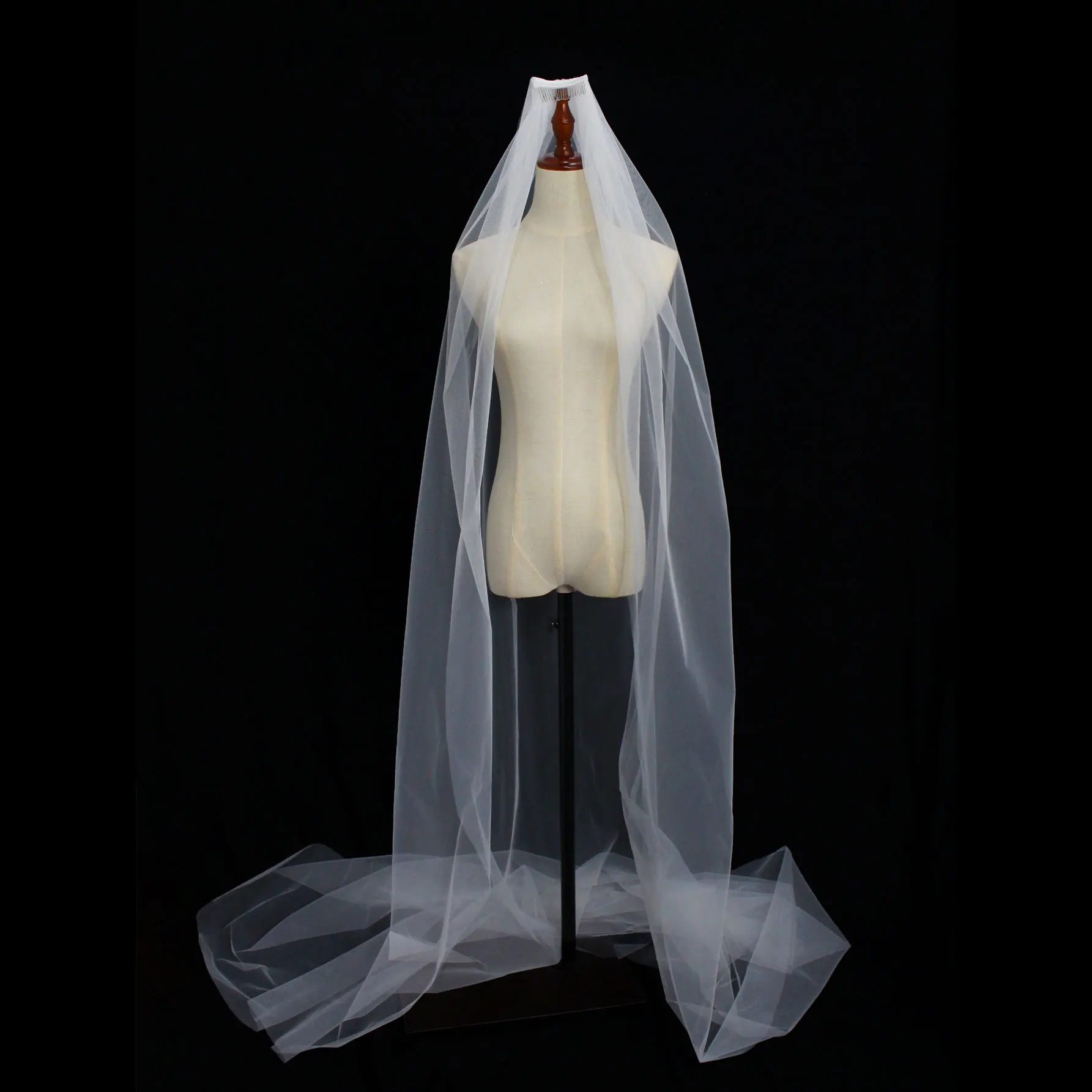 V203 Elegant Cathedral Wedding Bridal Veil One-Layer Plain Tulle Cut Edge Bride White Long Veil with Sweep Train 270cm*150cm