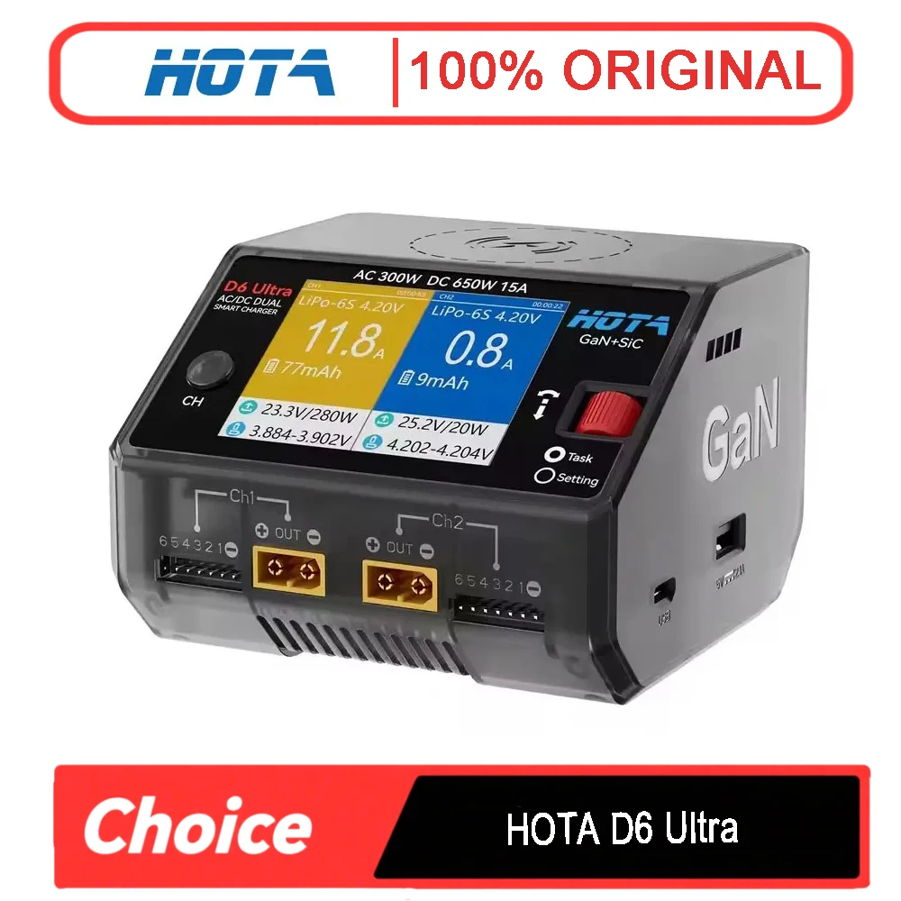 

HOTA D6 Ultra Dual-Channel Charger - AC 300W/DC 650W (GaN+SiC) for 1-6S LiPo/LiHV/NiZn/NiCd/NiMH (XT60) FPV