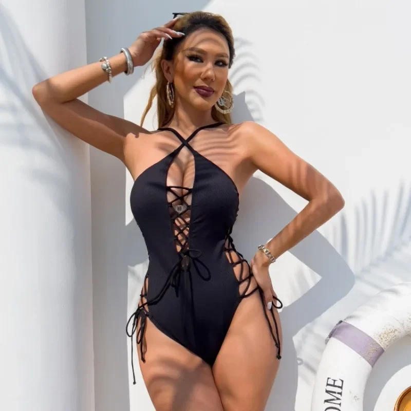 2025 Women Deep V Neck Push Up Sexy One Piece Swimsuits Female Strappy Bathing Suits Criss Cross Monokini Lace Up Swimwear