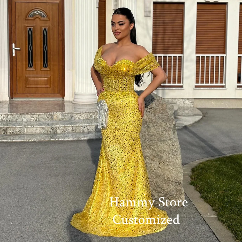Lilac Evening Dress Saud Arabian Customized Off The Shoulder Sweetheart Pearls Sequined Mermaid Party Gown Sequined Prom Dresses