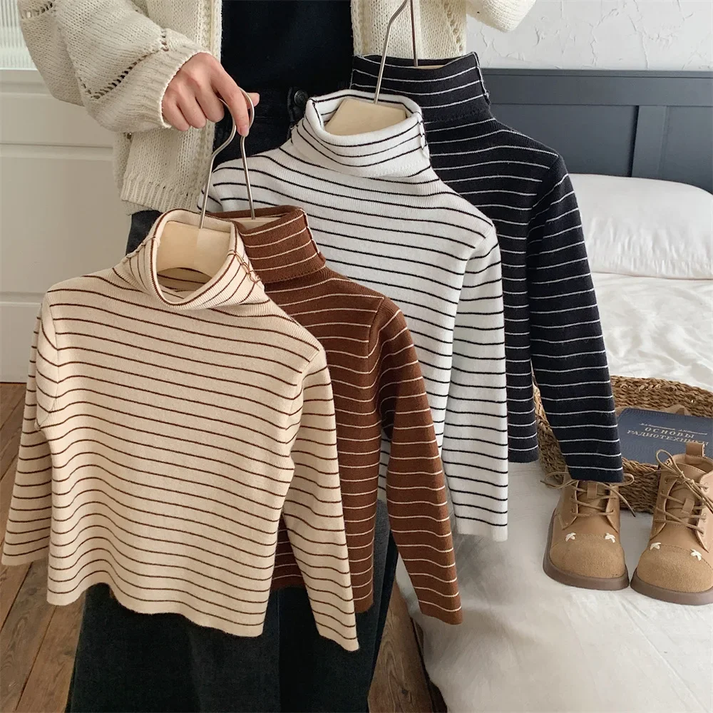 Children Sweater 2023 Autumn Winter Korean Style Striped Turtleneck Sweater High Elastic Casual Simple Kids Sweater Base Shirt