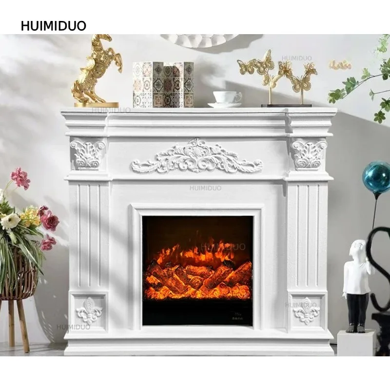 French Fireplace Decorative Cabinet Retro Wind Simulation Flame Fireplace European Living Room Heater American Carved Porch Cabi