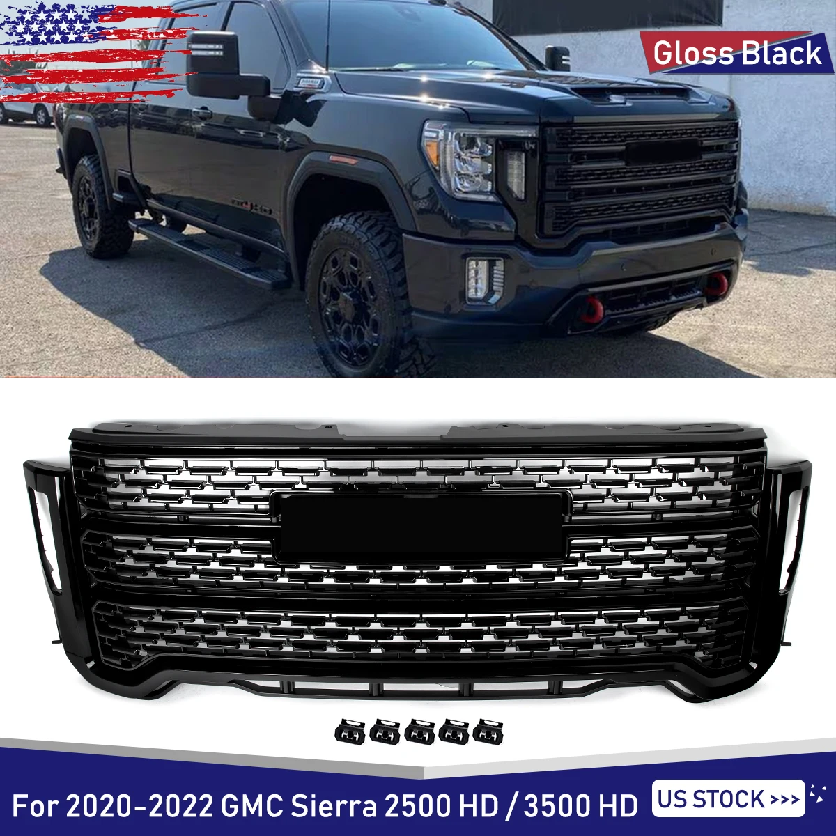 

Glossy Black Front Bumper Upper Grille Modified Grill Accessories Fit For 2020-2023 GMC Sierra 2500HD 3500HD Denali Front Grille