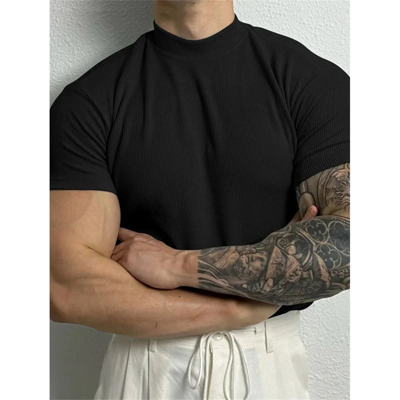 NEW spring summer Elastic Comfortable Men\'s T-shirt Small high collar stripe shirt short sleeve fitness top sport casual T-shirt