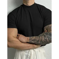 NEW spring summer Elastic Comfortable Men's T-shirt Small high collar stripe shirt short sleeve fitness top sport casual T-shirt
