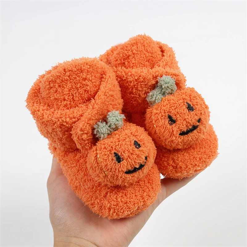 2023-08-09 Lioraitiin 0-18M Newborn Baby Booties Halloween Pumpkin Booties Fleece Slippers Soft Crib Shoes Prewalkers