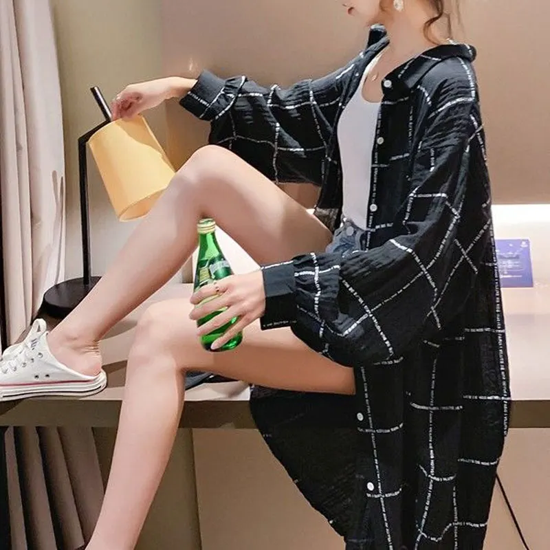 

Fashion Turn-down Collar Women's Clothing Commute Single-breasted Shirt High Street Plaid Printed Midi Blouse Spring Summer Thin