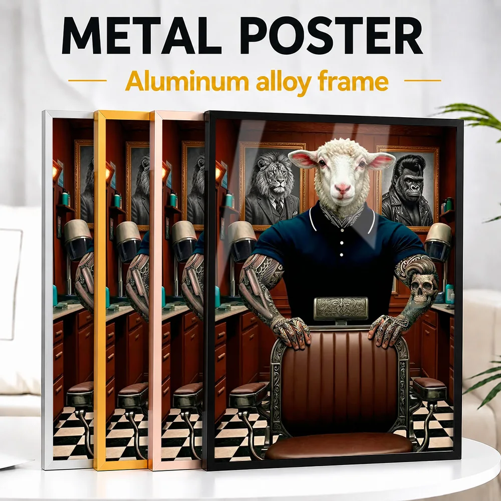 Anthropomorphic Sheep Barber Framed Metal Print Customized Photo Playful Typography Style Wall Art For Den Ideal Birthday Gift