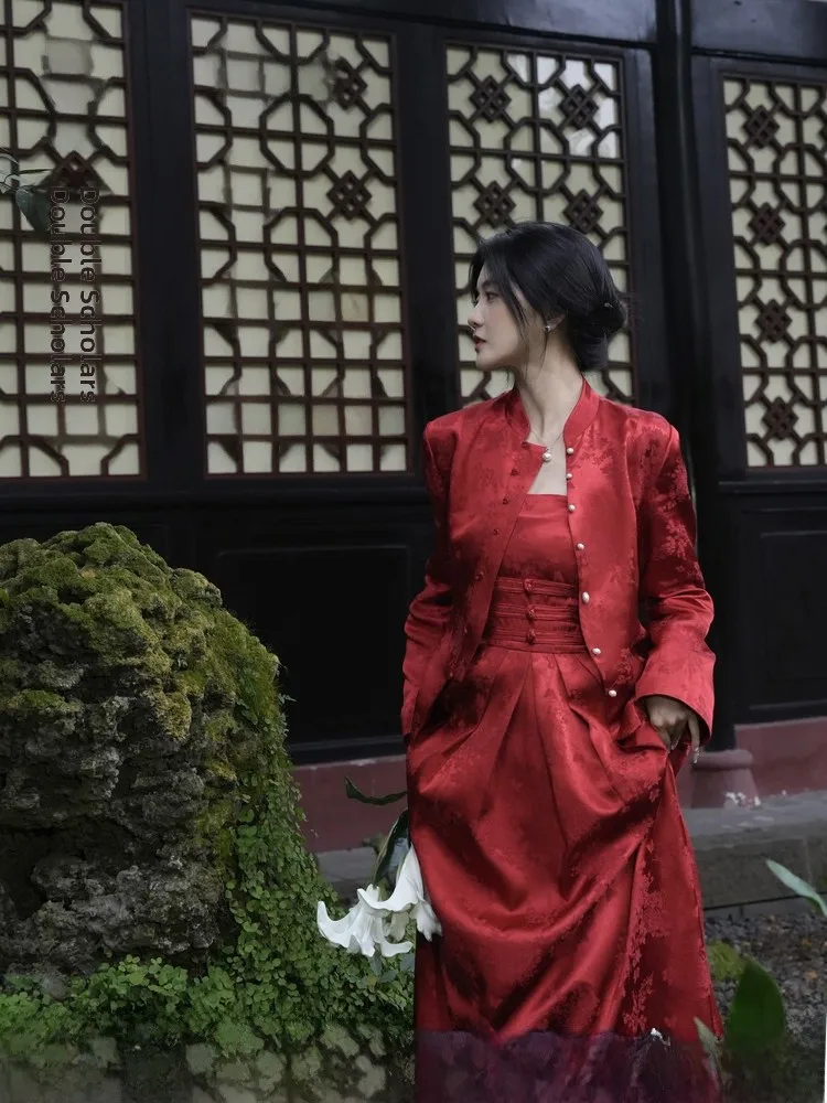 

New Chinese Sle ort Jaet Red Women's Stand Collar Embroidered Front Button Warmth Slim Fit Daily Wear Spring Autumn