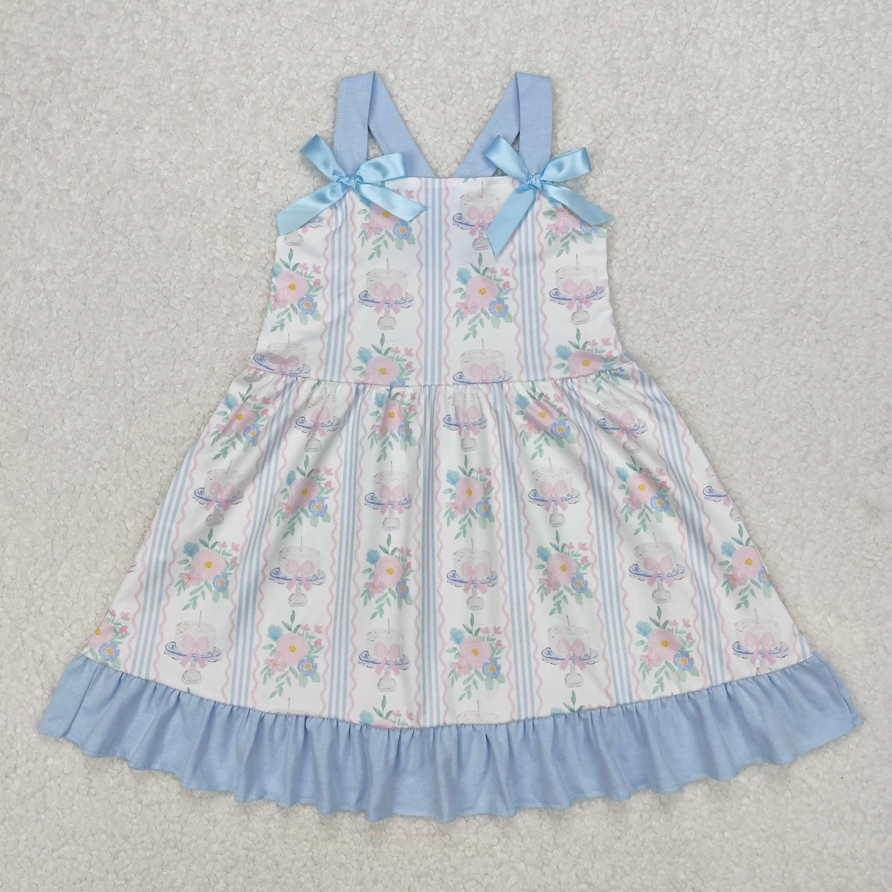 

Wholesale Baby Girls Dress Kids Clothes Girls Blue Floral Bows Knee Length Dresses Summer Toddler Girls Dress Fashion New Dress