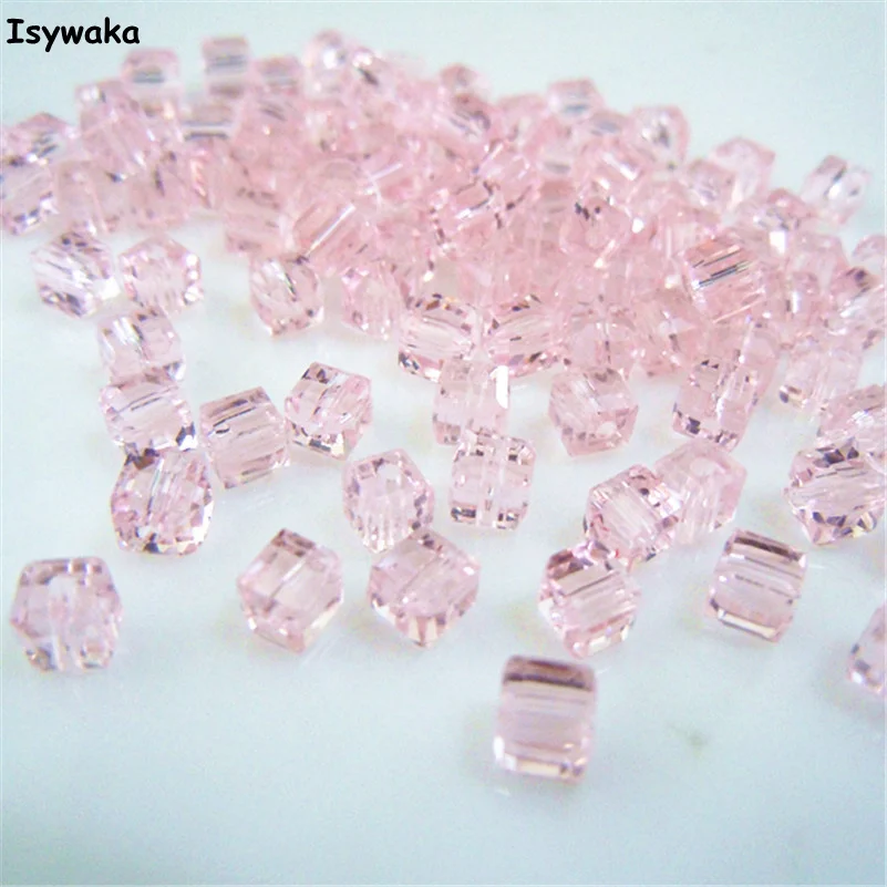 Isywaka 100pcs Cube 4mm Pink Color Square Austria Crystal Beads Glass Beads Loose Spacer Bead for DIY Jewelry Making