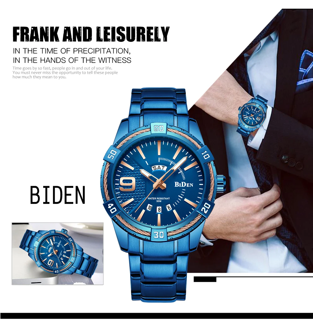 BIDEN Men's Watch High end Business Premium Blue Stainless Steel Strap 30M Waterproof Luminous Quartz Large Dial Direct Sales