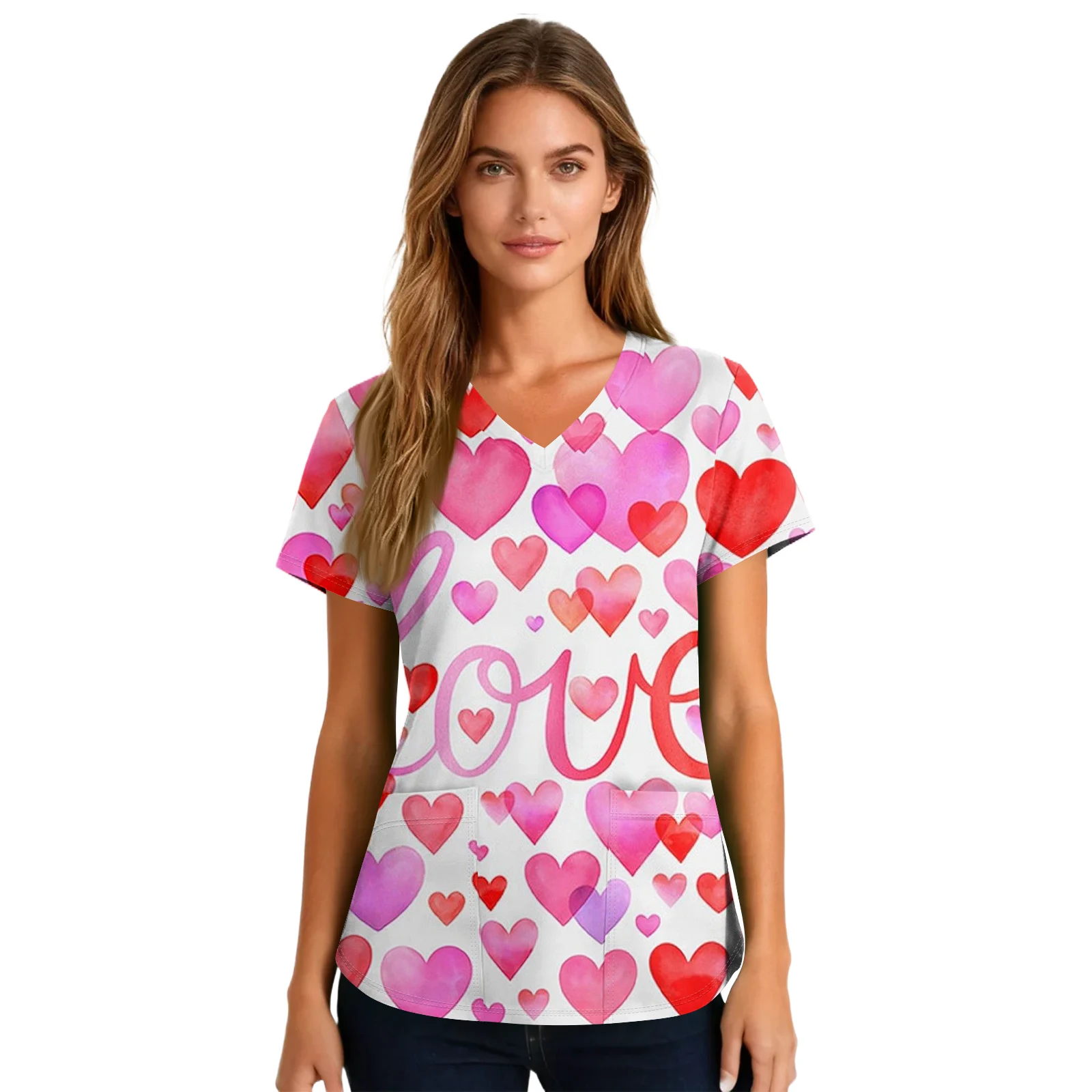 T-shirt à col en v imprimé pour infirmière, T-shirts pour femmes, uniforme d'infirmière à manches courtes, tenues pour la saint-valentin