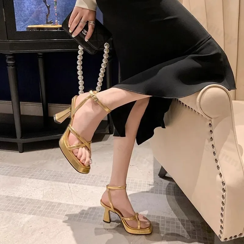 كعب سميك مقاوم للماء للنساء ، صندل بإبزيم مفتوح من الأمام ، أحذية منصة ، اتجاه فستان مثير ، الصيف ، #4