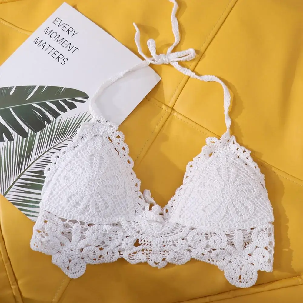 매달려 목 보헤미안 스타일 조끼 민소매 중공 수 놓은 꽃 캐미솔 솔리드 컬러 비치웨어 뜨개질 자르기 탑 소녀