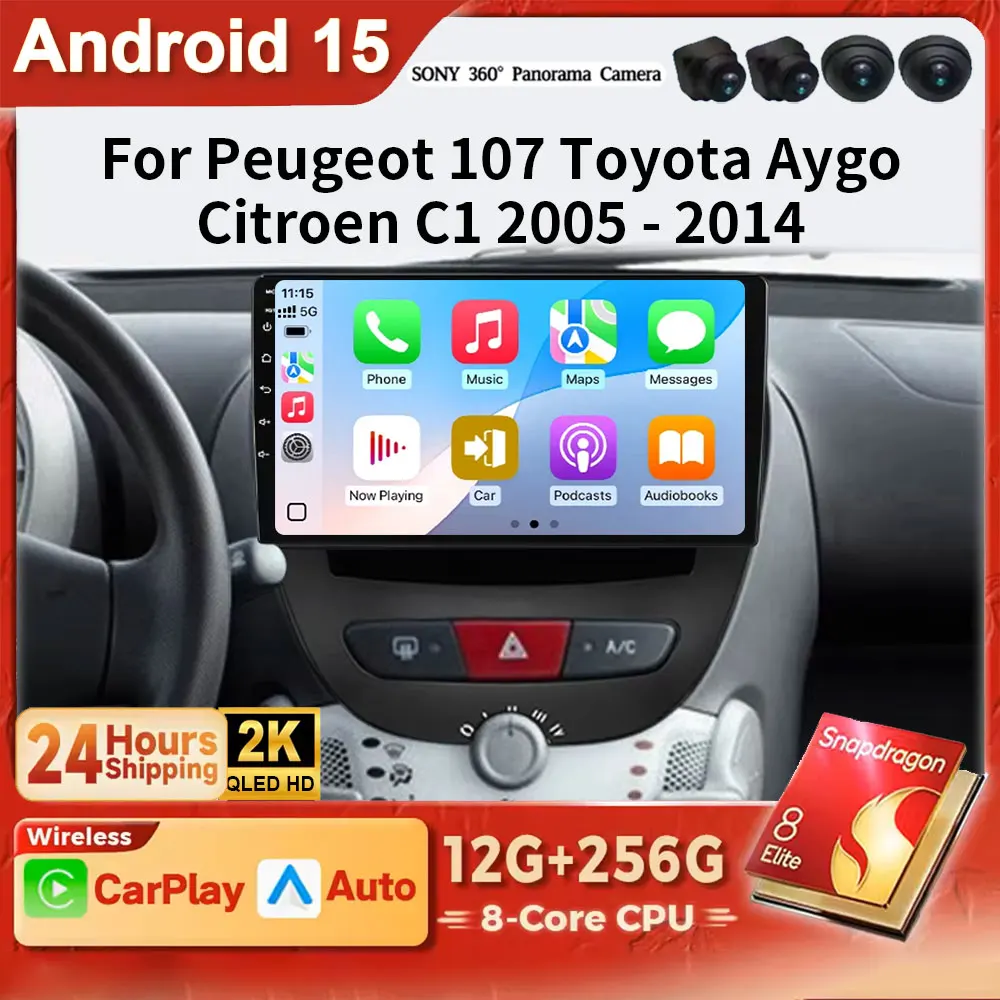 

Автомагнитола Android 15 2K QLED с беспроводным CarPlay для Peugeot 107, Toyota Aygo, Citroen C1 2005-2014, GPS-мультимедийная система 2DIN