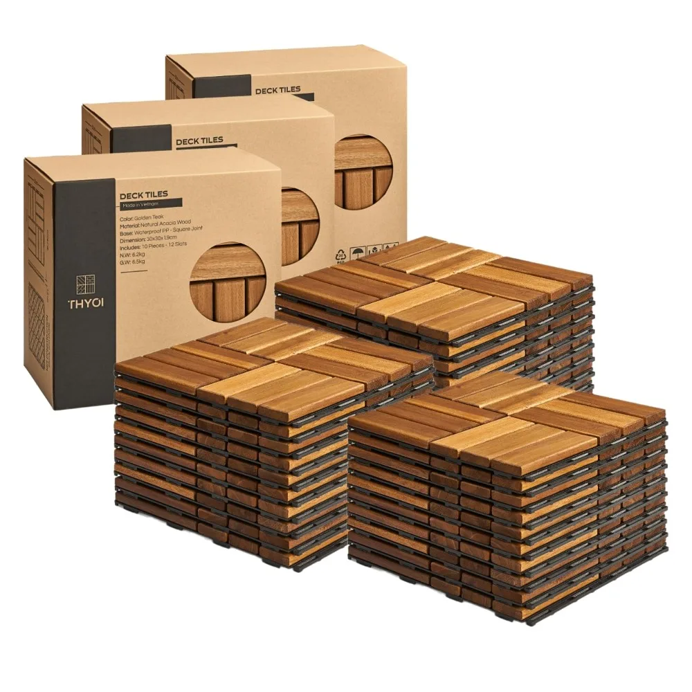 

30 Pcs Deck Tiles, Patio Flooring - Outdoor Waterproof Acacia Wood Tiles, Customized