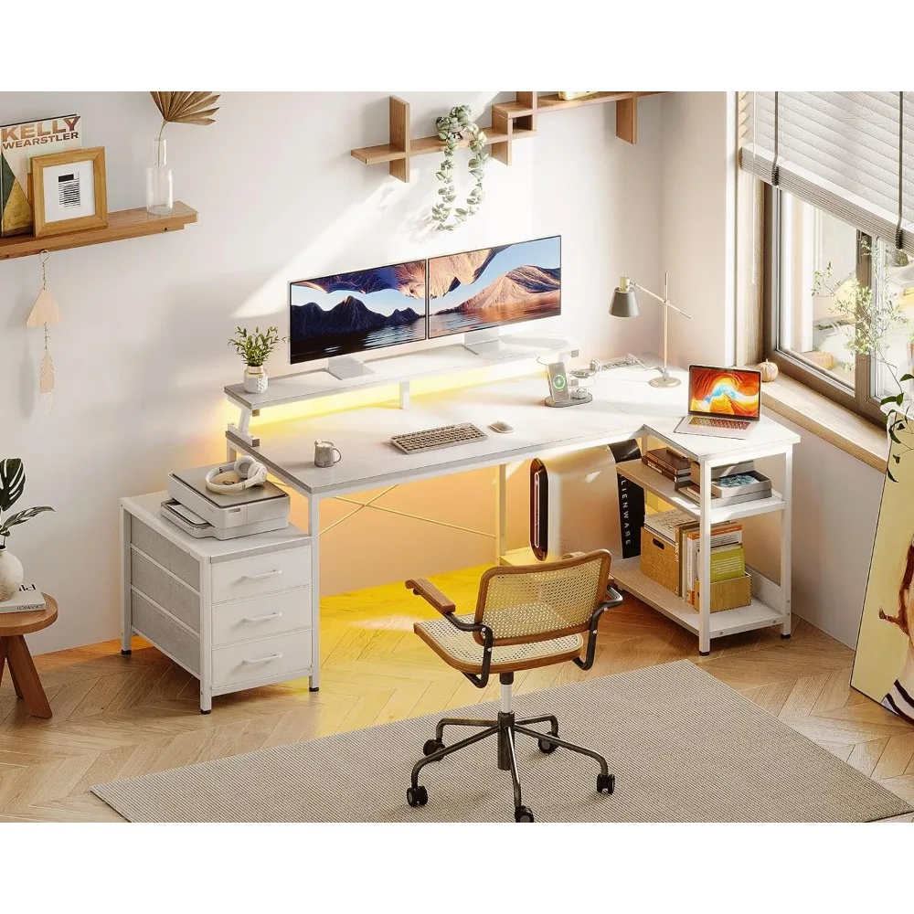 

Business Computer Desk with Chest of Drawers,Storage Shelf with LED Lights,5-in-1 Socket,Printer Stand,Home Office Computer Desk