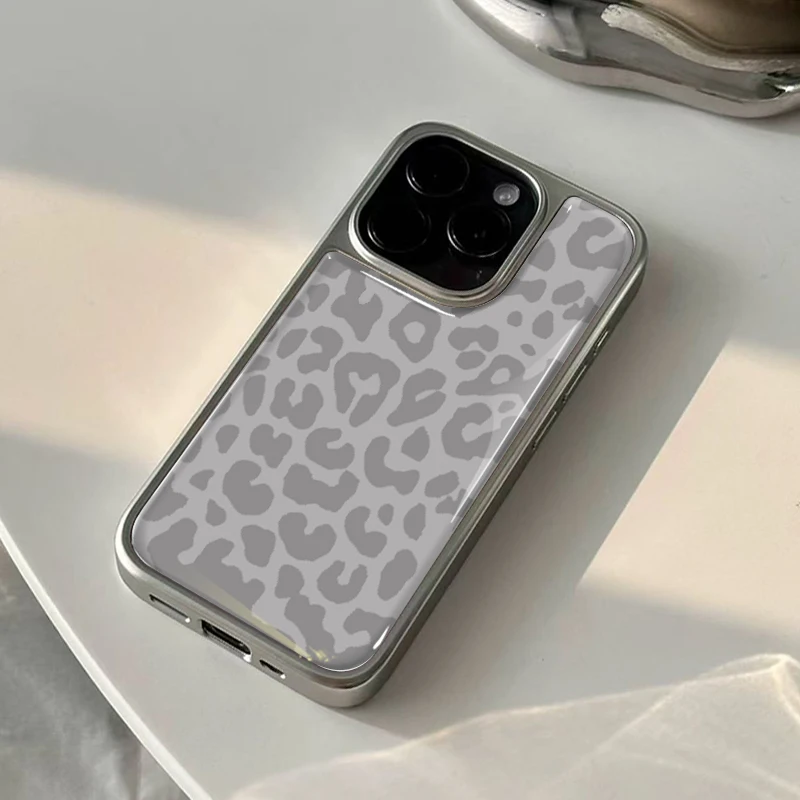 Ins Graue Hydrogel-Rückplatte mit Leopardenmuster und silbernem Rand, stoßfeste Handyhülle für iPhone 17, 16, 15, 14 Pro Max