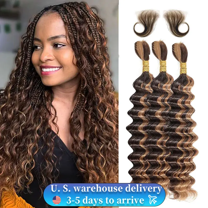 Highlight Curly Wave Bundles Human Hair #4/27 3 Bundles Deep Wave Braiding Human Hair Wigs 16A Boho Braids Hair 20 20 20 Inch