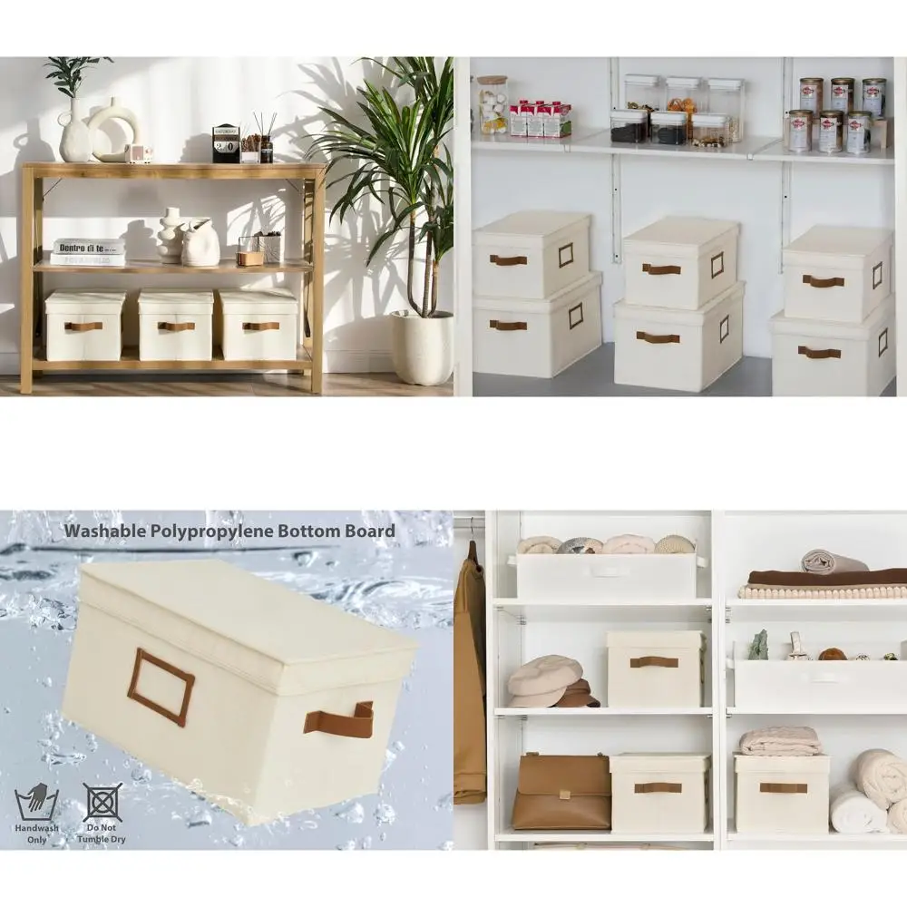 

Ivory 3-Piece Foldable Storage Baskets with PU Handles for Closets and Shelves, Stackable and Decorative