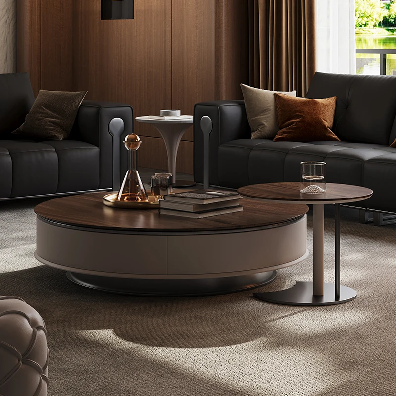 Italian solid wood coffee table, round high-end large and small apartment living room walnut light luxury high-end coffee tab 2