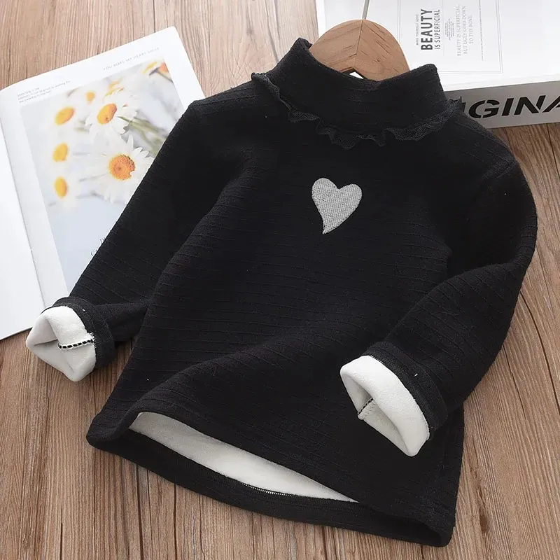 Girls' Velvet Bottom Shirt Autumn and Winter Clothing Children's Half High Collar Lace Knitted Shirt Girls' Thick Warm Top