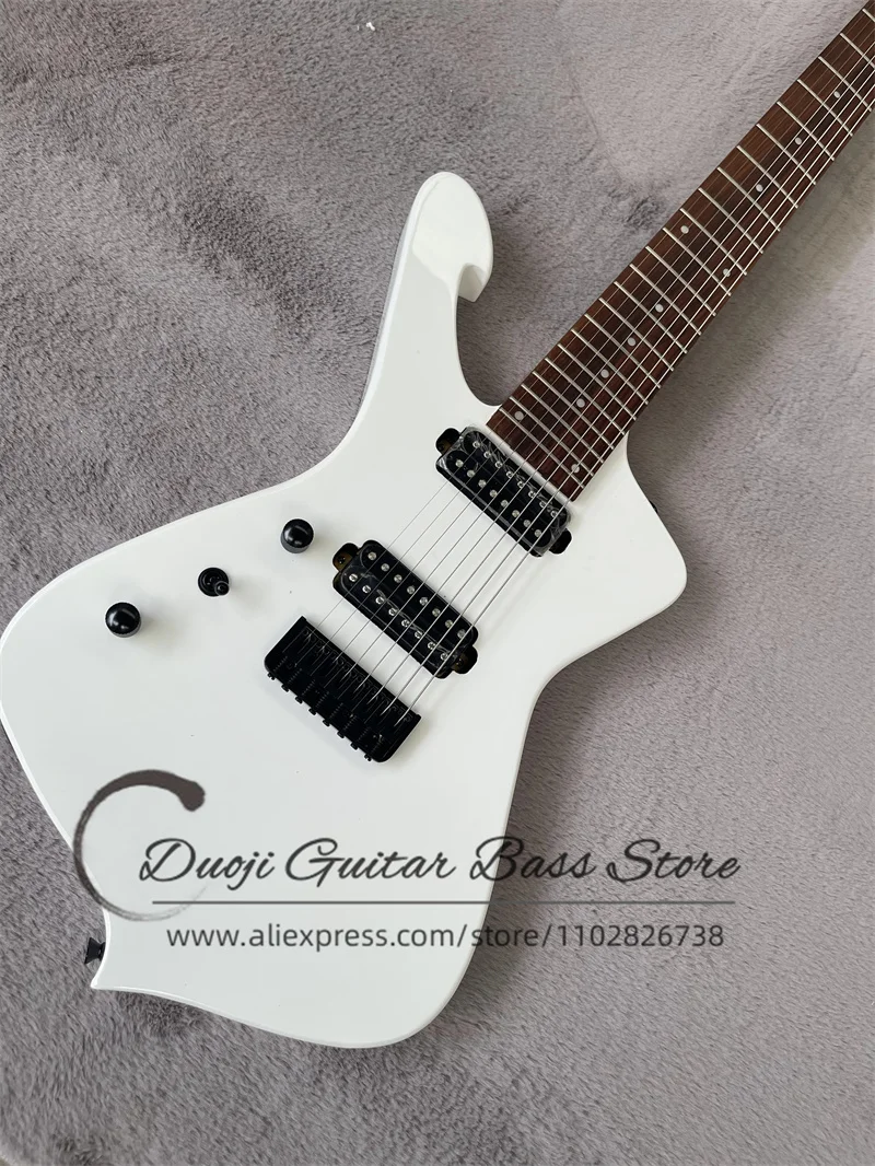 8 Strings Left Hand Electric Guitar Iceman White Body Rose wood Fingerboard 5 Pieces Neck Fixed Bridge Black Tuners