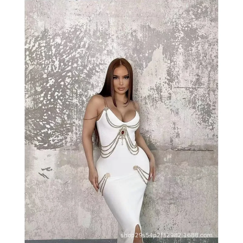 Hot sale in europe and america2Color Metal Chain Bandage Nightclub Tight Sexy Evening Dress Sling Slit Dress