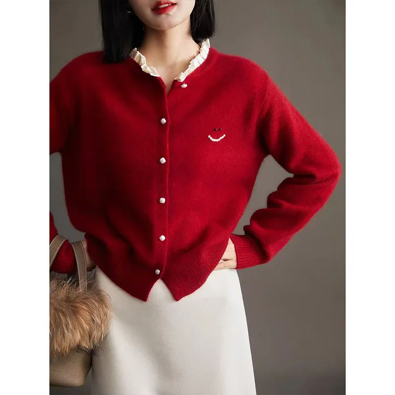 Women High Quality Ruffled Collar Red Christmas Sweater Autumn Winter New Solid Smiling Face Knitted Cardigan Lady Casual Tops