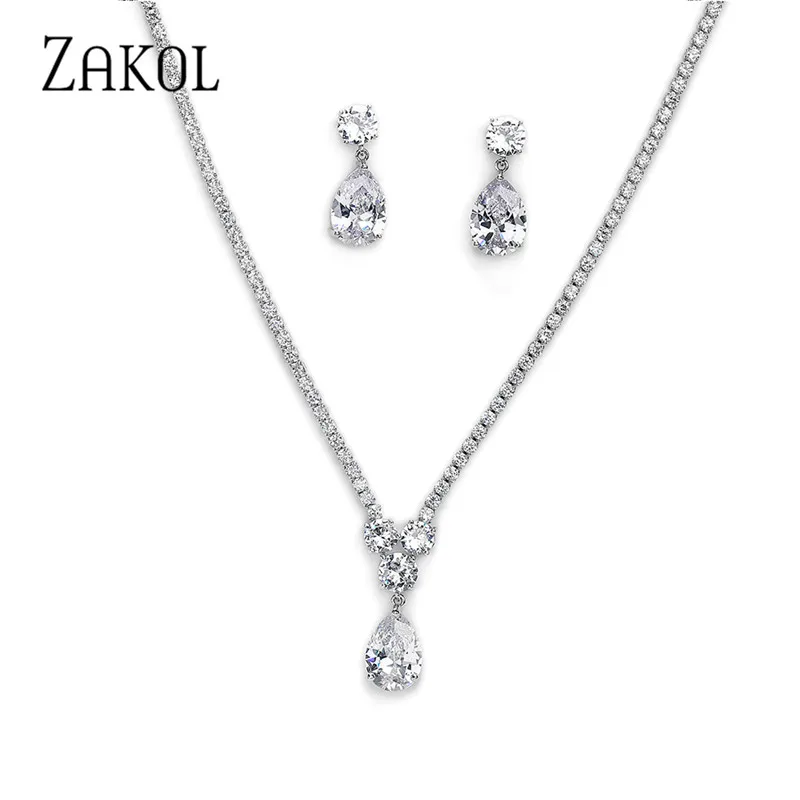 ZAKOL 3 Pcs Luxury Water Drop Zircon Necklace Earrings Bracelet Set for Women Bridal Wedding Party Dress Jewelry Set SP461