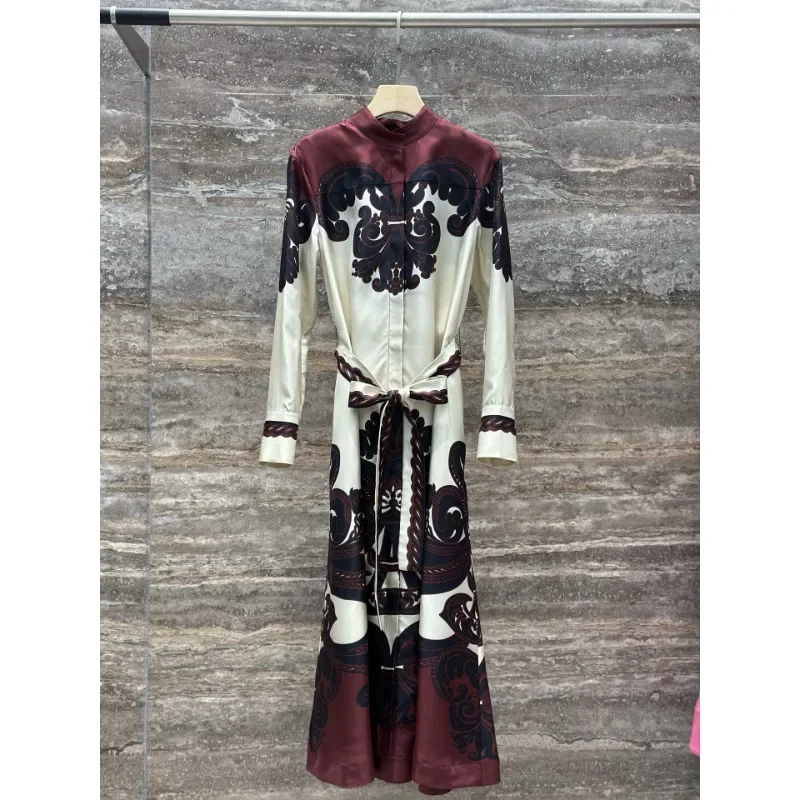 

Women Outfit 2025 Beige Red Collection New Print Long Sleeve Midi Dress Silk
