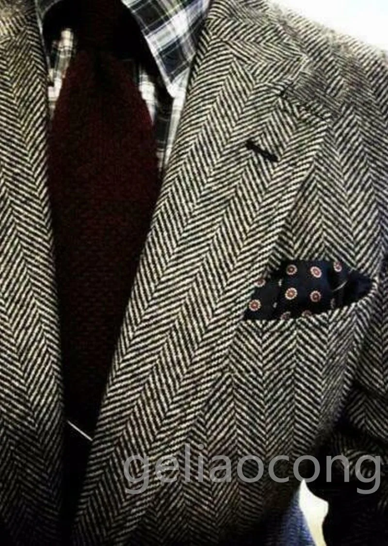 Grey Herringbone Blazer for Men with Notch Lapel Single Breasted Dinner Prom Jacket Elegant Wedding/Business Suit One Coat