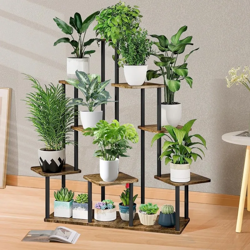 

9 Tier Wood Tall Plant Stand Metal Rack Indoor, Multiple Flower Pot Holder Shelves Corner Rack, Planter Shelf Display Rack