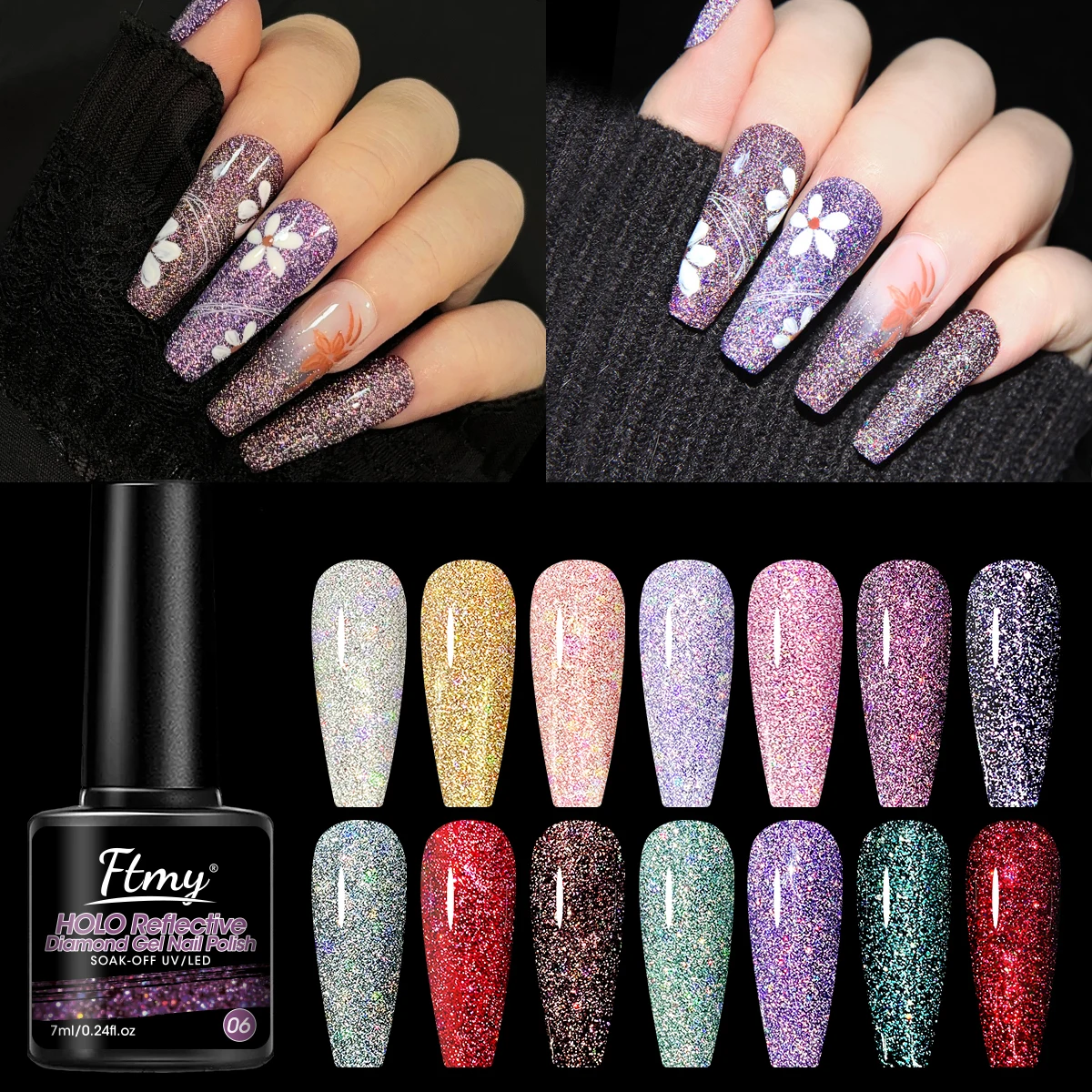 7ML FTMY Lakier Hybrydowy do Paznokci Efekt Złamanej Diamentowej Skorupy, Lakier Hybrydowy z Efektem Odblaskowego Brokatu, Błyszczący Lakier Hybrydowy z Brokatem, Lakier Hybrydowy Semi-Permanentny, Lakier Hybrydowy do Usuwania Soak Off