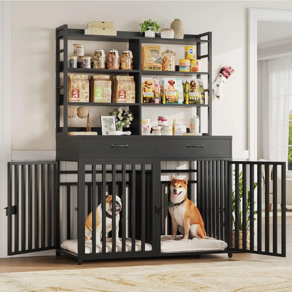 

71''H x 47.2''W Large Dog Crate Furniture with 4-Tier Shelves and 2 Storage Drawers, Heavy Duty Dog Cage Furniture with 2