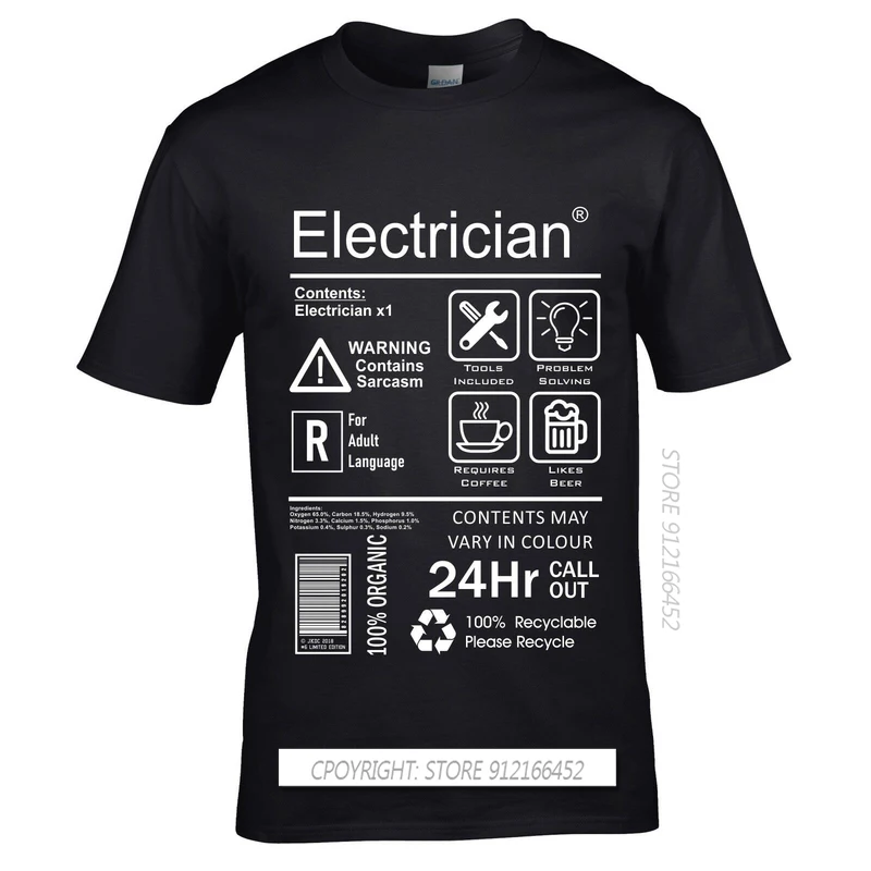 Funny Electrician Package Care Instructions Mens T-Shirts Top Electrical Engineer Summer Men O-Neck Tees Shirt 3D Print Tee