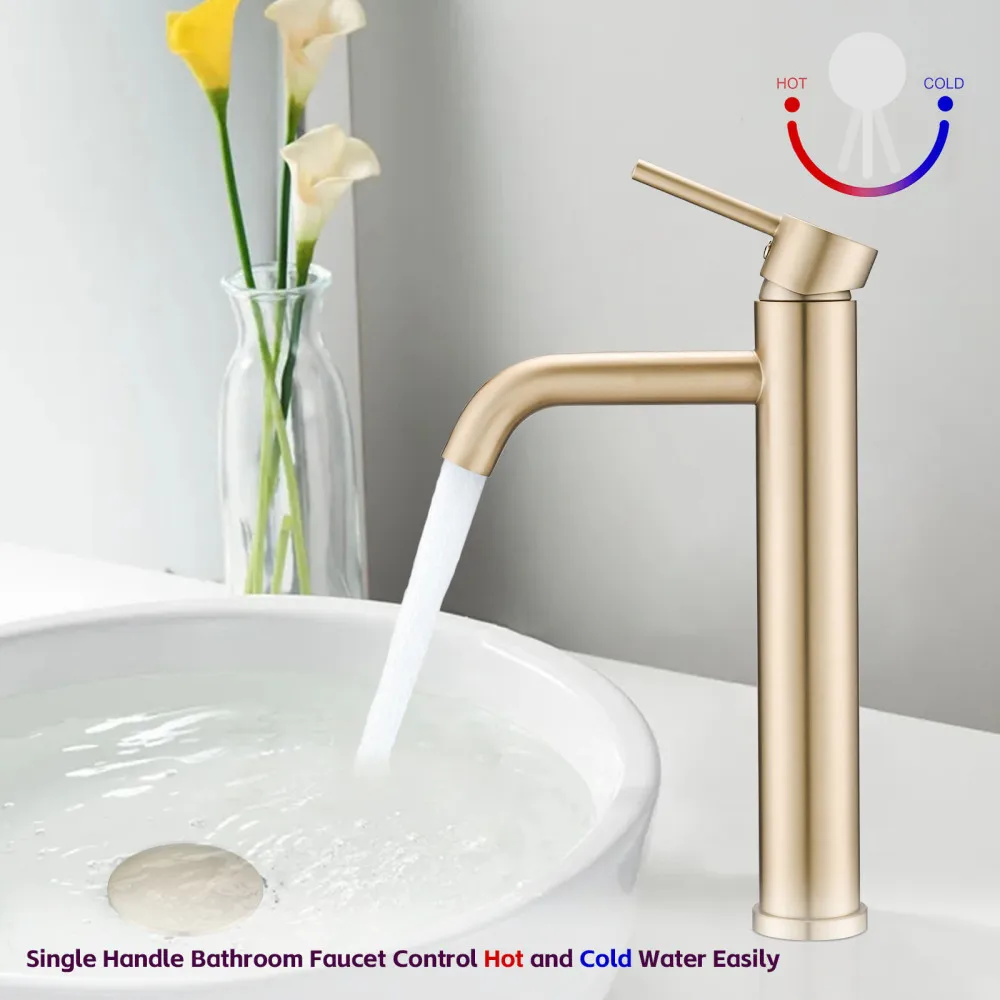 Modern Bathroom High Faucet Single Handle One Hole Basin Faucet Brushed Gold Bathroom Washbasin Light Luxury Hot and Cold Faucet