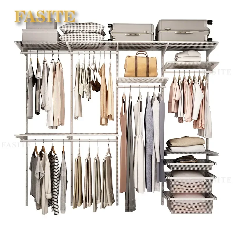 For 2.4m Metal Open Wardrobe Modern Simple Cloakroom Walk-in Storage Rack Bedroom Furniture Heavy Duty Clothes Organizer