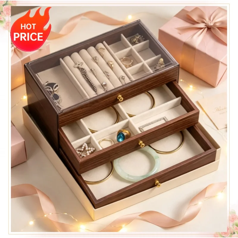 Multi-layer Wooden Jewelry Box Transparent Window Rings Necklace Jewelry Storage Case Organizer Bracelet Earrings