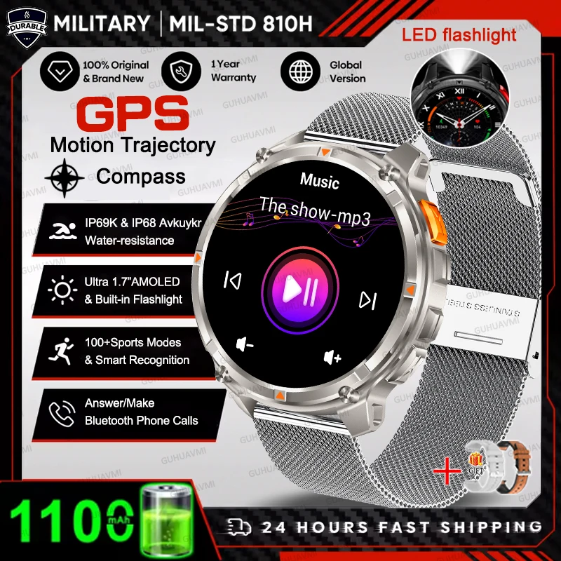 2026 HOT Nieuwe Sport Smartwatch 1100mAh Grote Batterij Duurzaam Kompas 10ATM Waterdicht Tactisch 170+ Sporten BT Oproep Smartwatch Heren