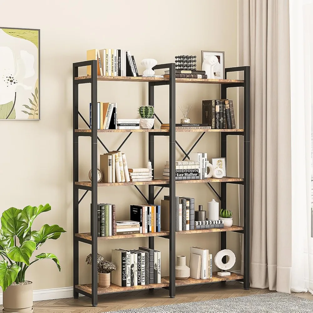 

5 Tier, 58.7'' Industrial Book Shelf, Wooden Bookshelves with 10 Open Display Shelves,Storage Rack, Standing Wide Bookcase