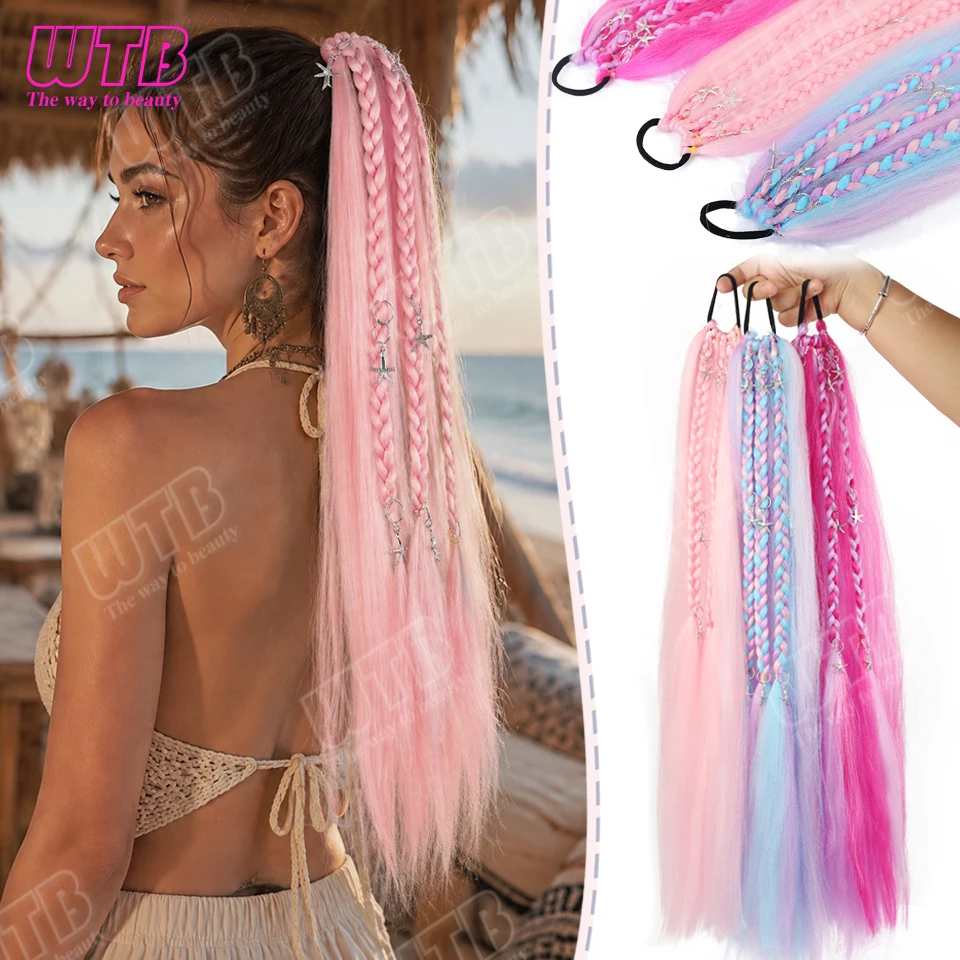 Synthetic Wig Elastic Colorful Band Braided Ponytail with Small Accessories Suitable for Women to Wear for Holidays and Events